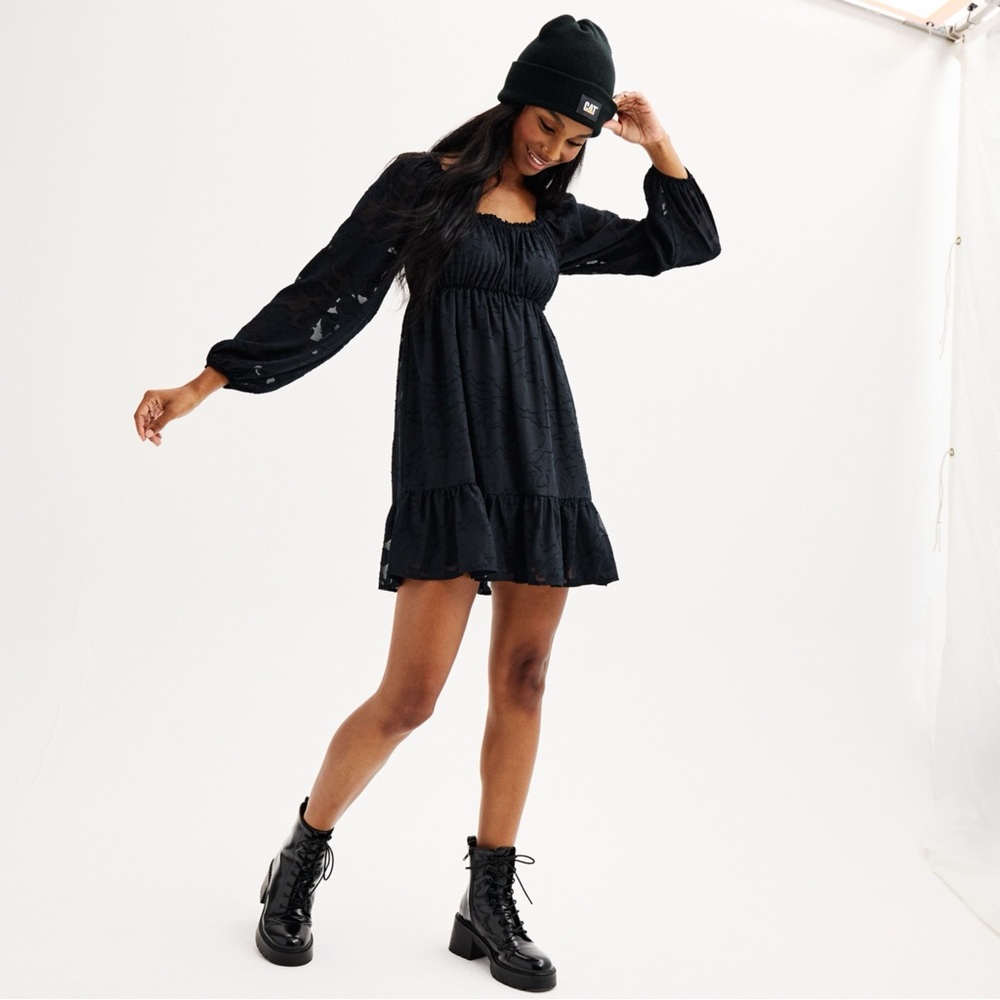 Black Floral Boho Babydoll Dress Poet Sleeves Sz Large